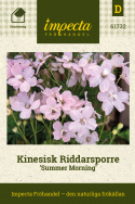 Kinesisk ridderspore 'Summer Morning', Masser af store, lyst pastelrosa, enkelte blomster samlet i toppe over løvet.