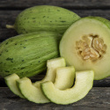 Frøskindsmelon 'Piñonet Piel de Sapo', Ovale, ribbede, let ru frugter på ca. 1-2 kg.