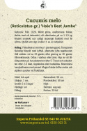 Netmelon 'Hale's Best Jumbo', Mørkegrønne, ovale frugter, dækket af et dekorativt, hvidt netmønster.